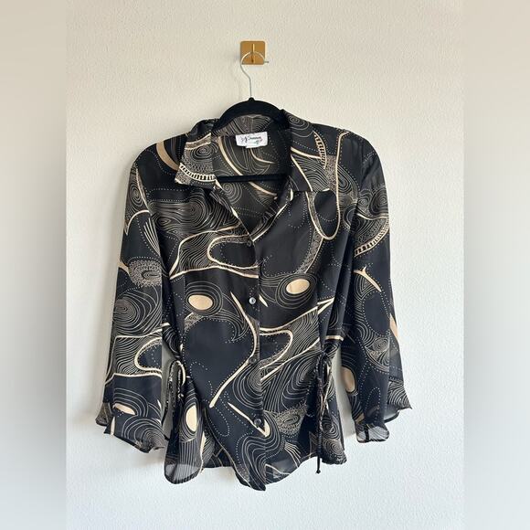 VTG 90s Abstract Swirl 2 Piece Set Size 12 Sheer Button Blouse Midi Slip Dress - Picture 4 of 6